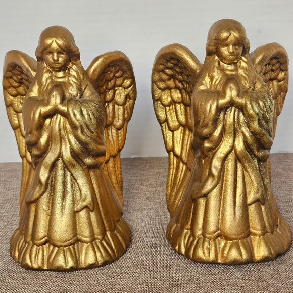 Vintage Ceramic Gold Praying Angels With Open Wings Candle Holders Set of 2 - Picture 1 of 8